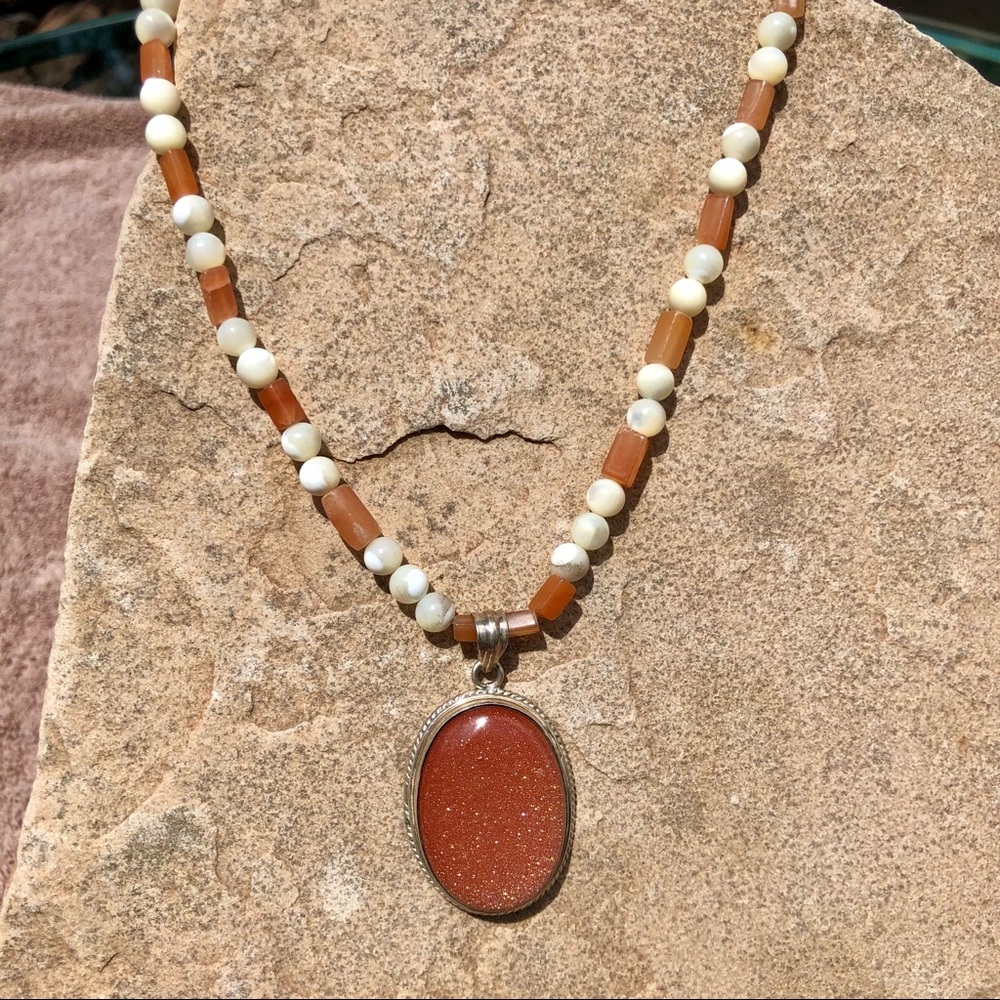 Goldstone Pendant Necklace Mother Of Pearl Beads 18"  Gemstone Gift For Her